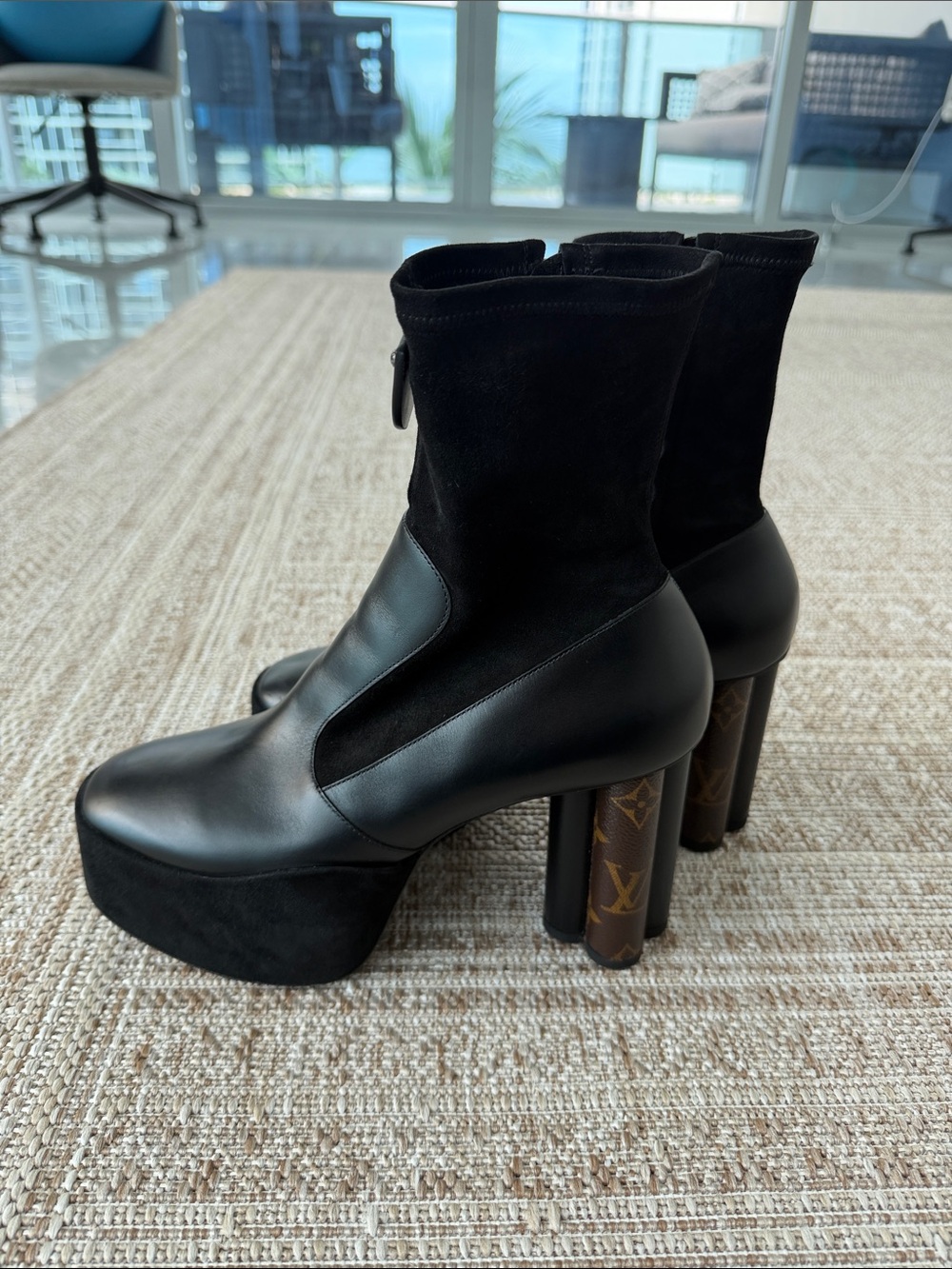 Louis Vuitton Black Platform Ankle Boots with Monogram Heel